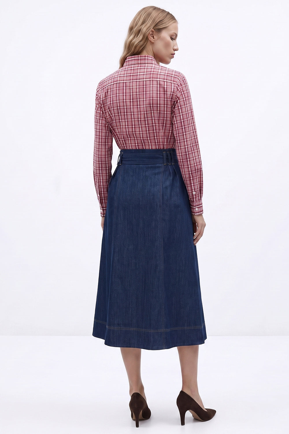 High-Waisted Belted Denim Midi Skirt - BLUE