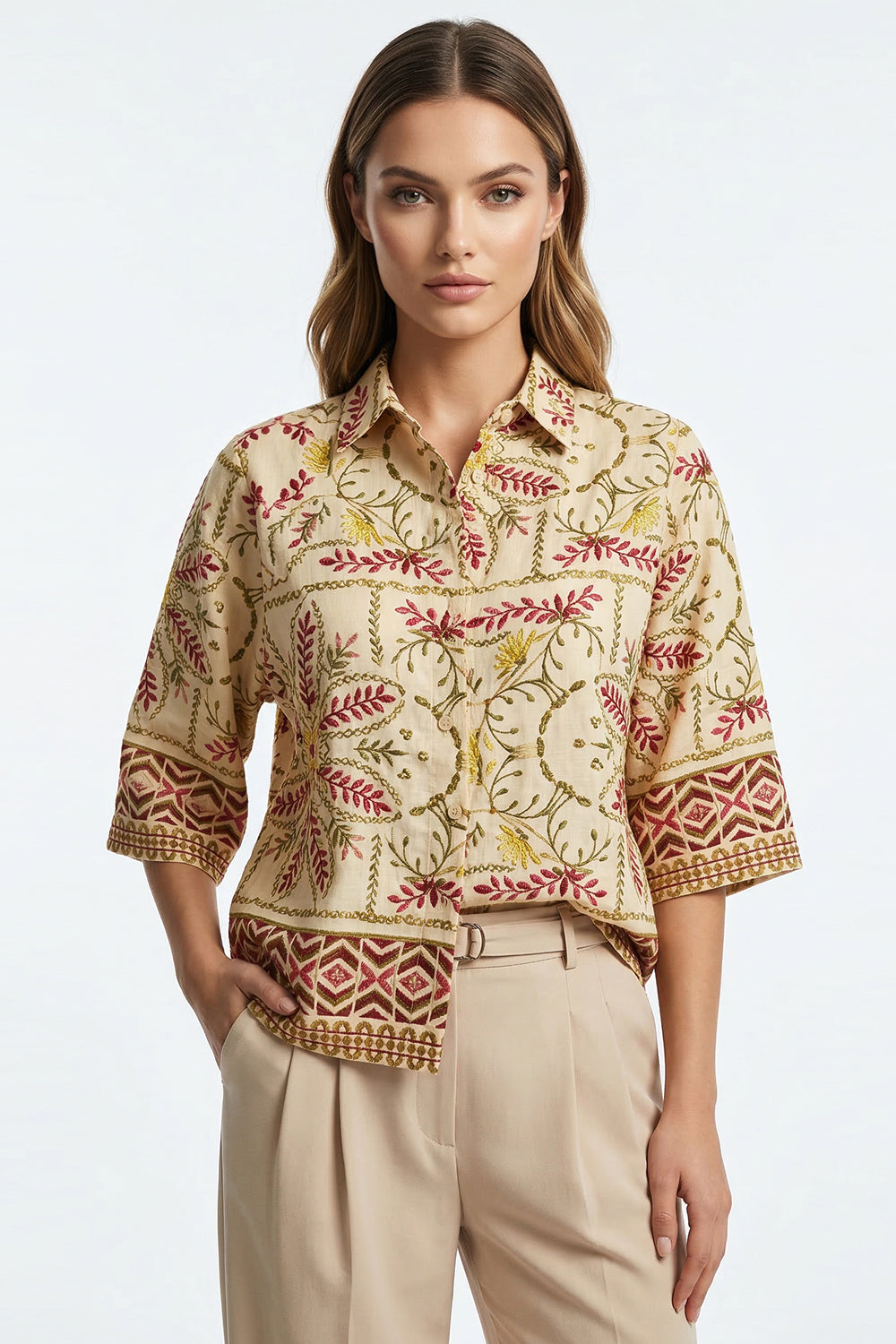Three Quarter Sleeve Shirt Collar Pleat Detail Shirt - MULTI COLOR