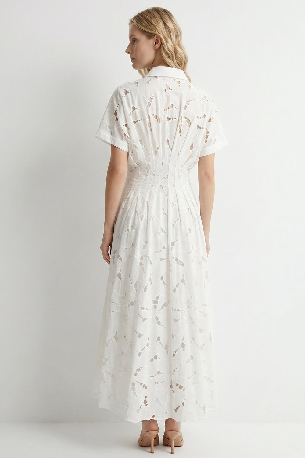 Short Sleeve Buttoned Eyelet Lined Midi Shirt Dress - WHITE
