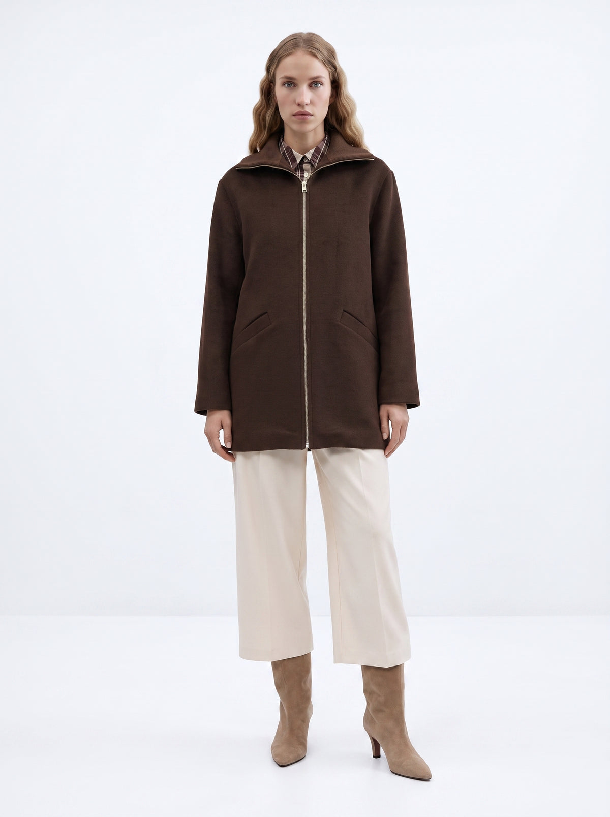 Ribbed Wool Blend Lined Coat - BROWN