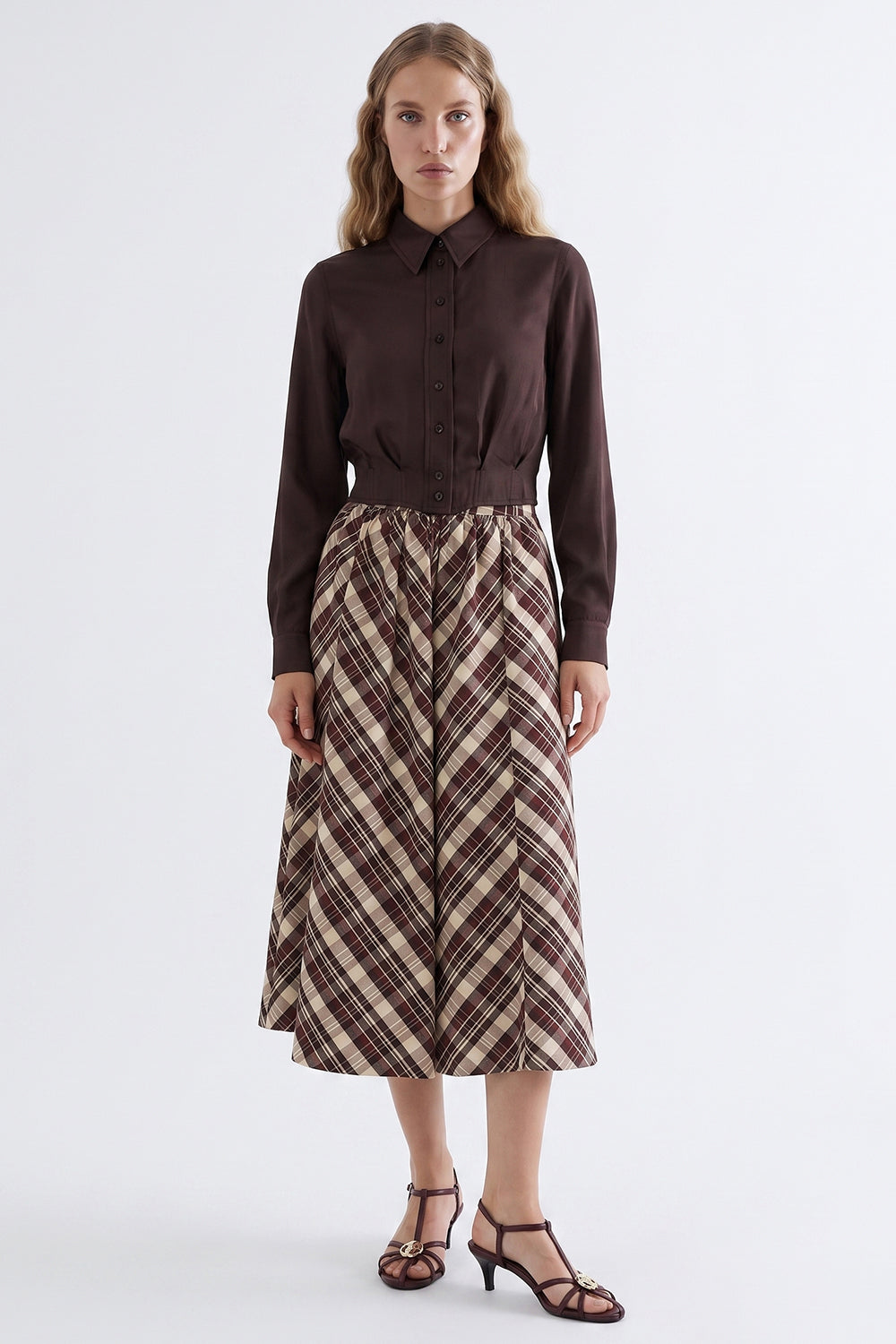 Satin Long Sleeve Shirt with Pleated Waist - BROWN