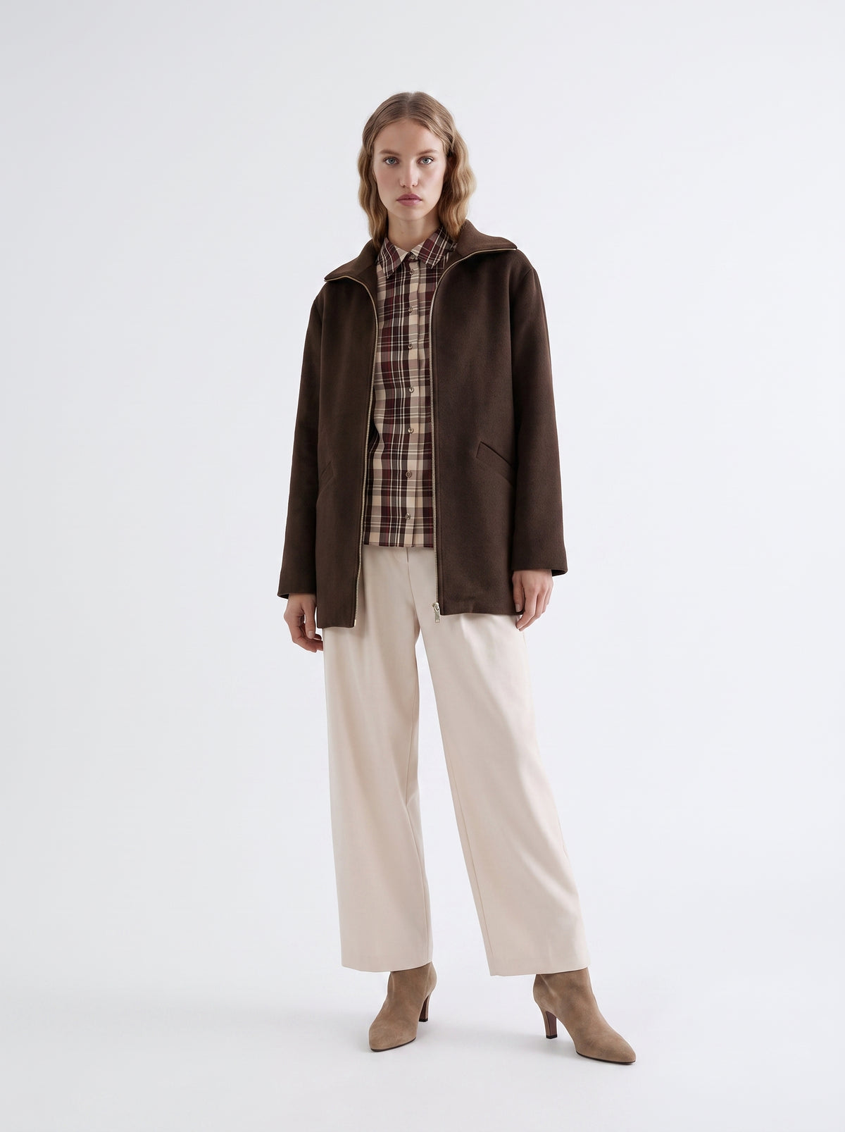 Ribbed Wool Blend Lined Coat - BROWN