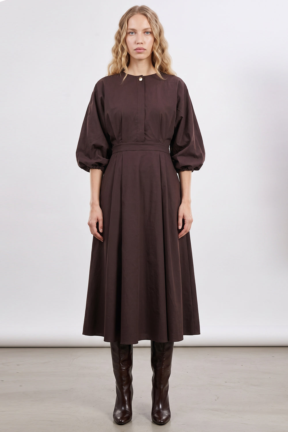 Elastic Back Balloon Sleeve Midi Dress - BROWN