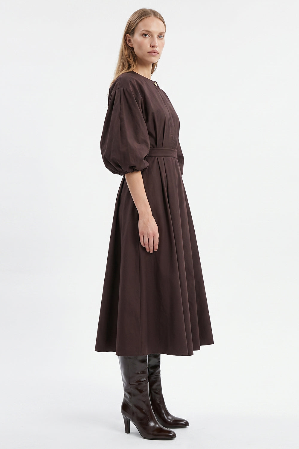Elastic Back Balloon Sleeve Midi Dress - BROWN