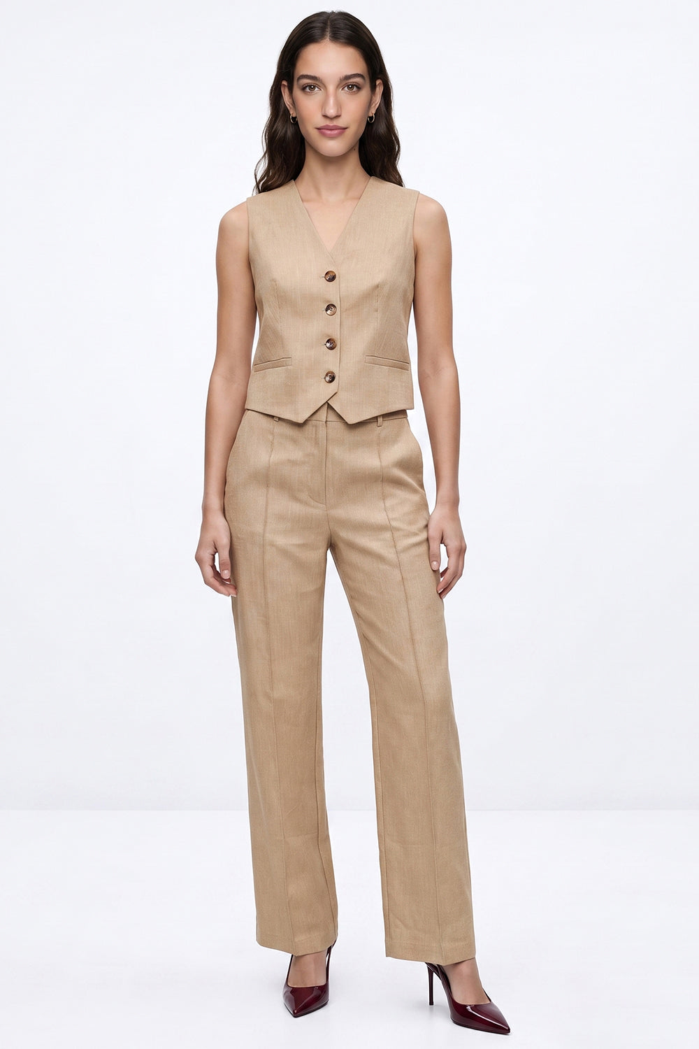 Linen Blend Vest with Back Buckle - CAMEL