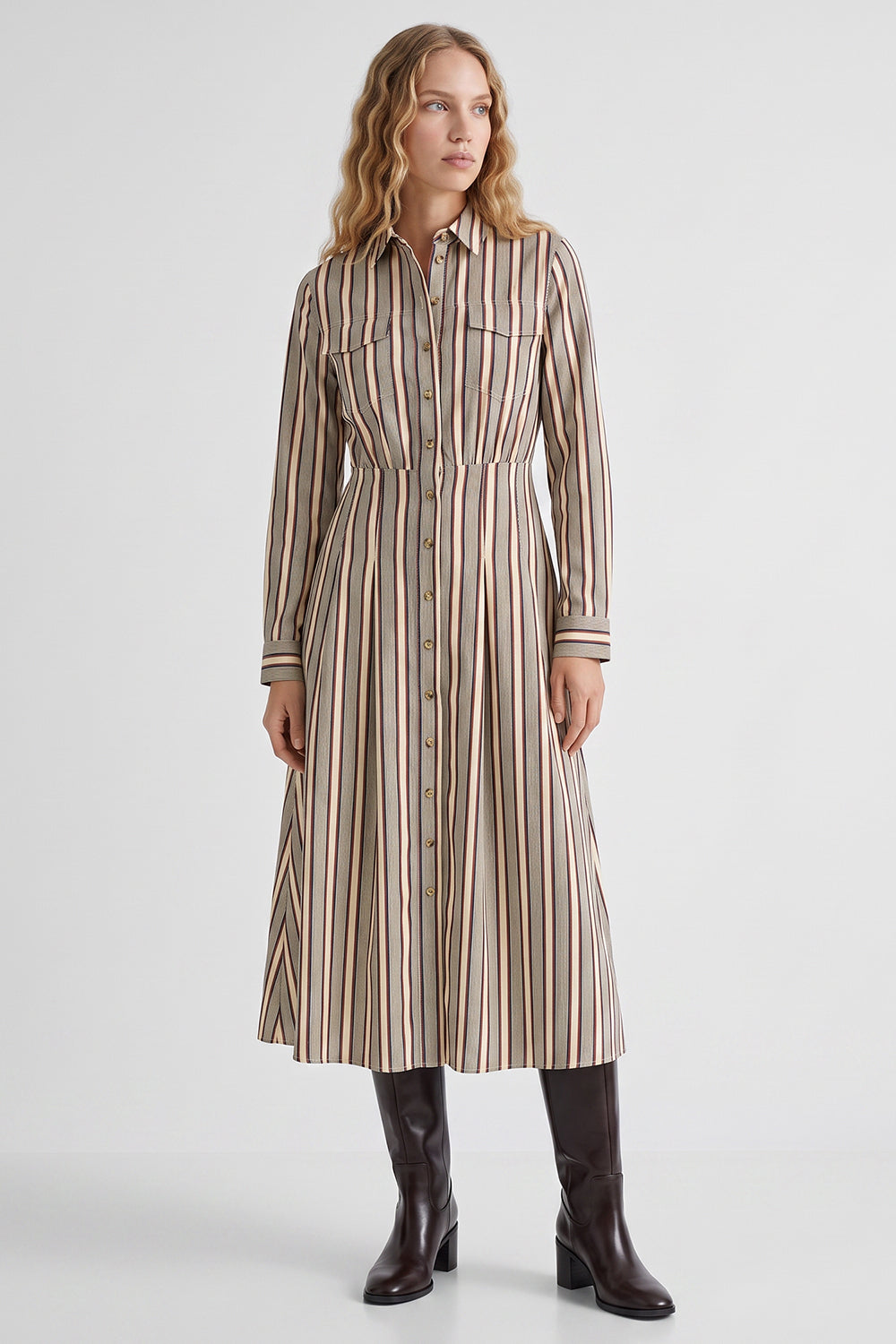 Long Sleeve Pocketed Midi Shirt Dress - MULTICOLOR