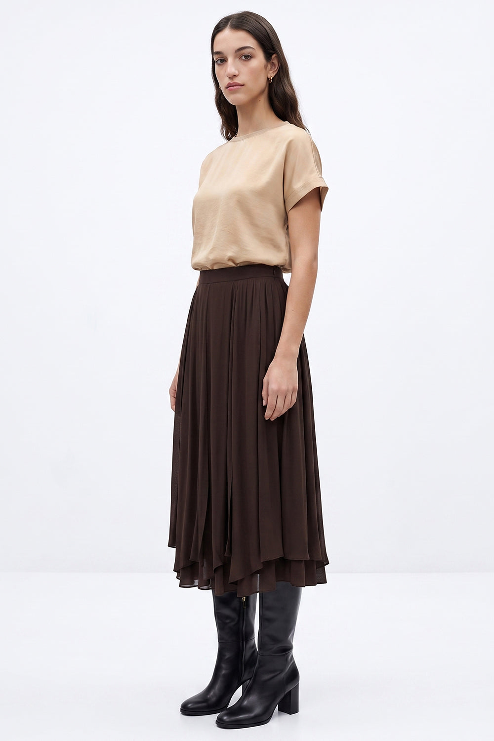 Panelled Flared Skirt with Hidden Zipper - BROWN