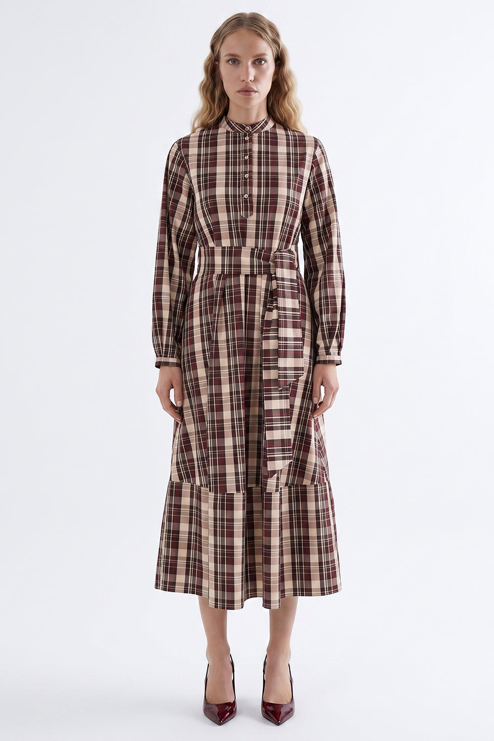 Round Neck Midi Dress with Belt and Pockets - MULTICOLOR