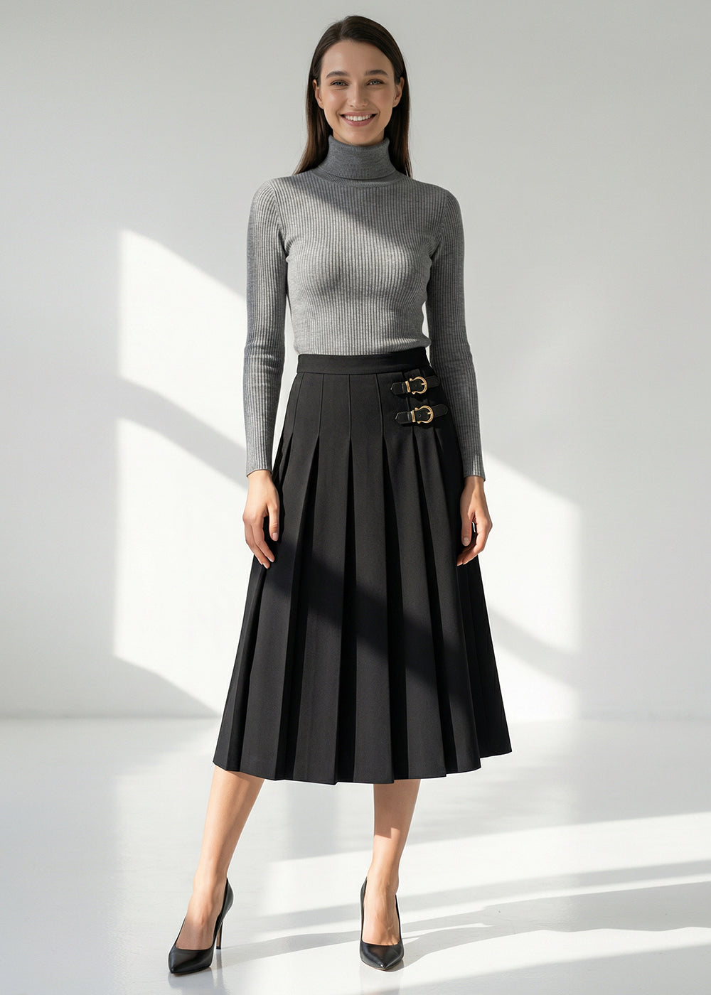 Black Pleated Midi Skirt with Buckle Belt Detail