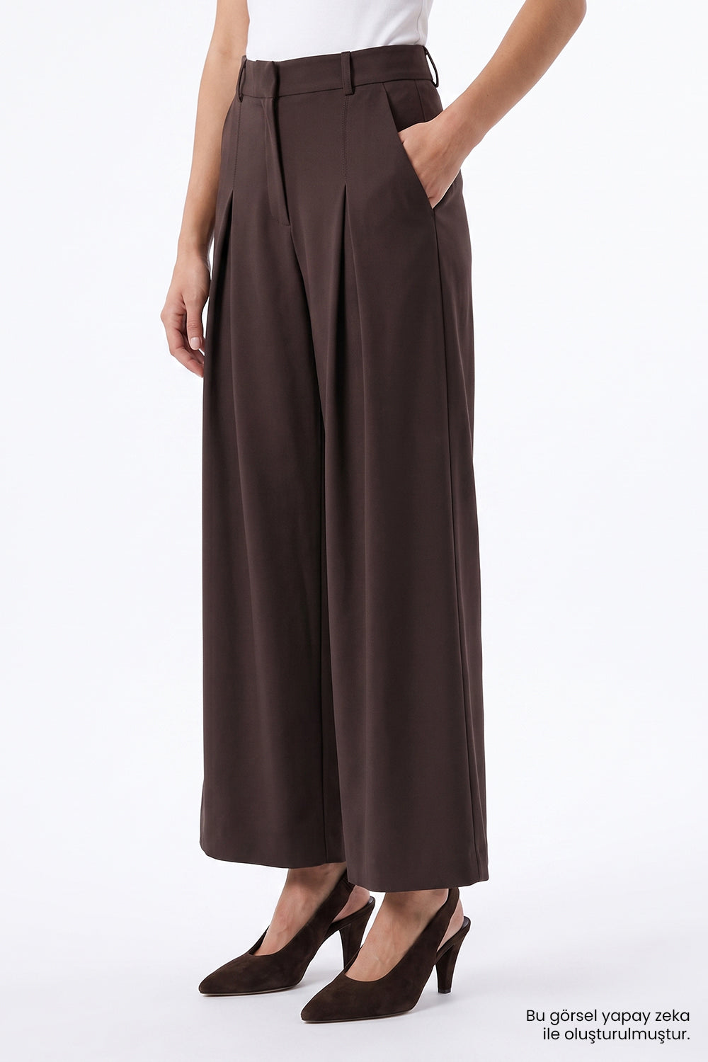 High Waisted Wide Leg Pleated Trousers - BROWN
