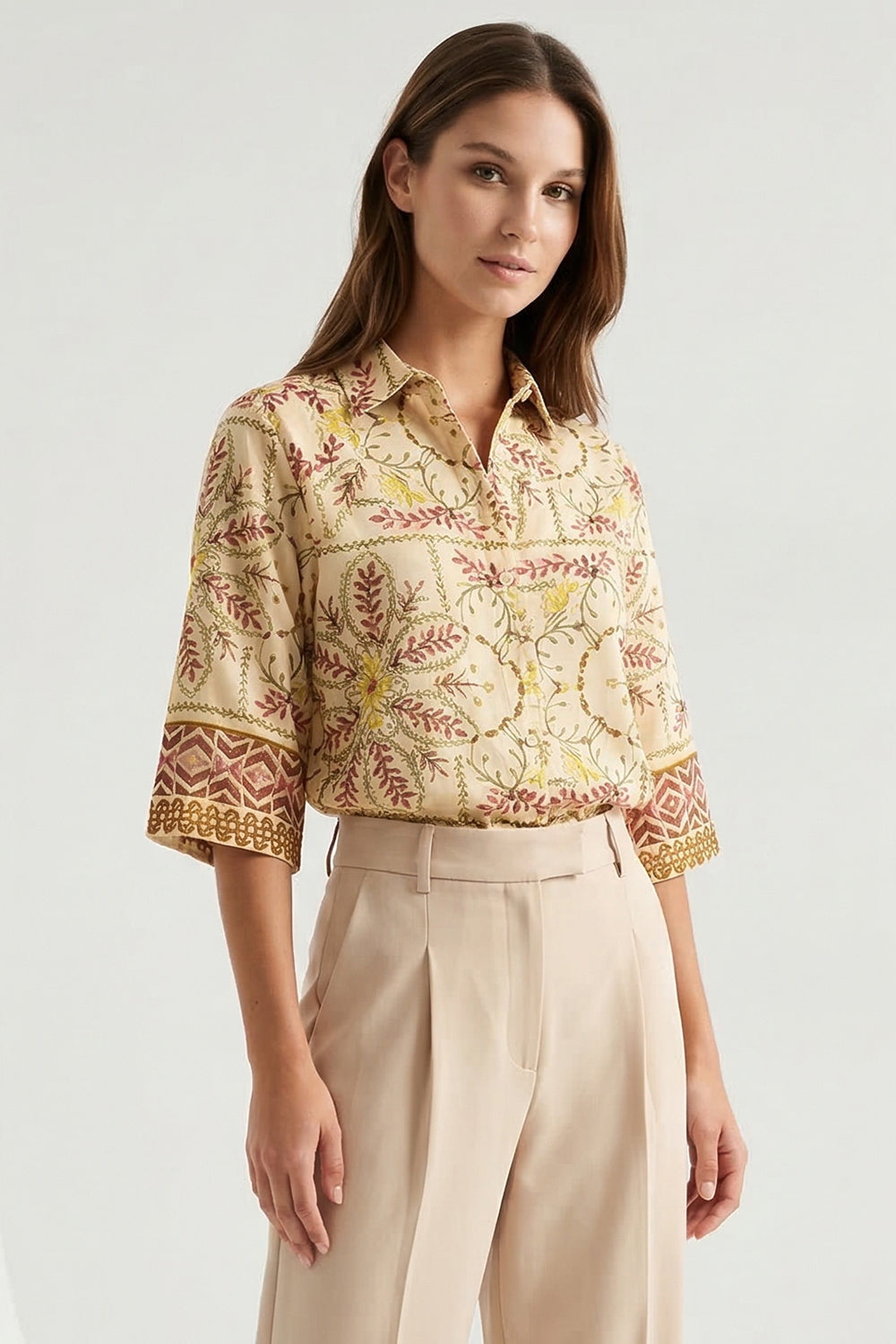 Three Quarter Sleeve Shirt Collar Pleat Detail Shirt - MULTI COLOR