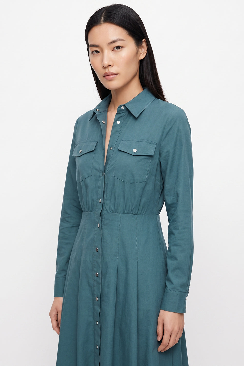 Pleated Long Sleeve Midi Shirt Dress - DARK GREEN