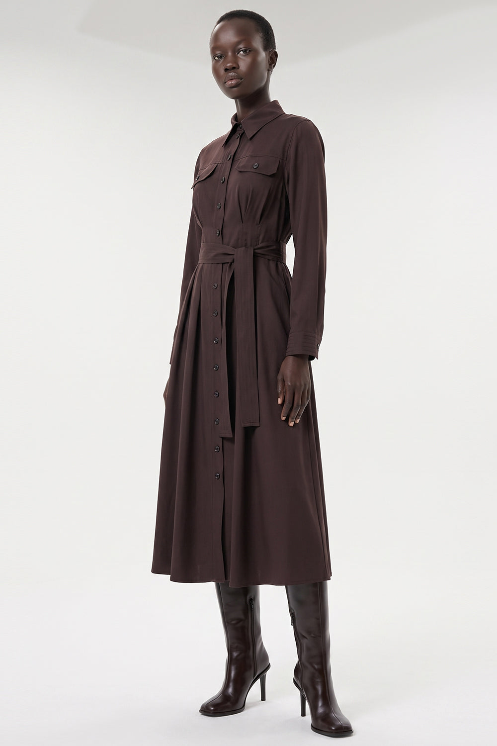 Satin Midi Dress with Belt - BROWN