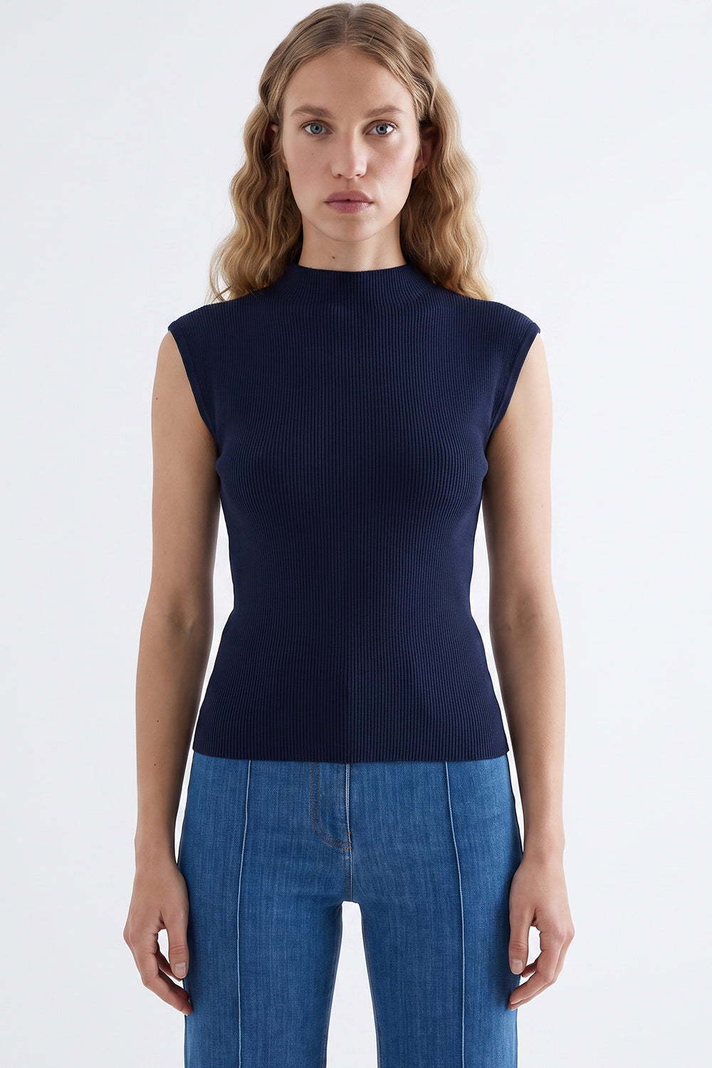 Stand Collar Sleeveless Knit Blouse - NAVY BLUE