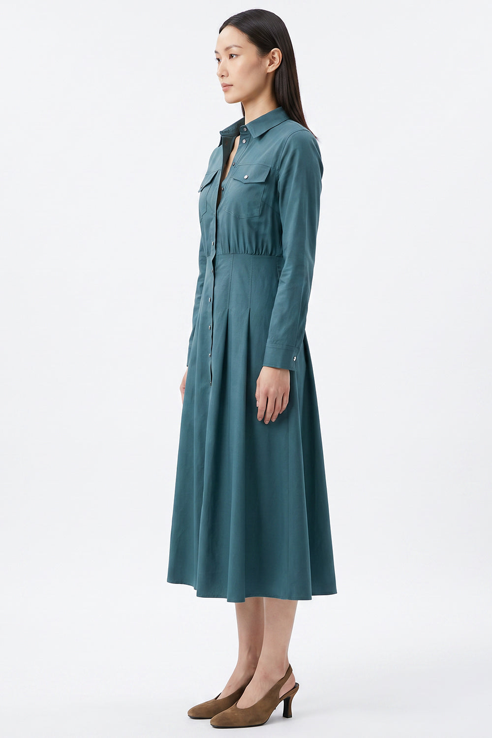 Pleated Long Sleeve Midi Shirt Dress - DARK GREEN