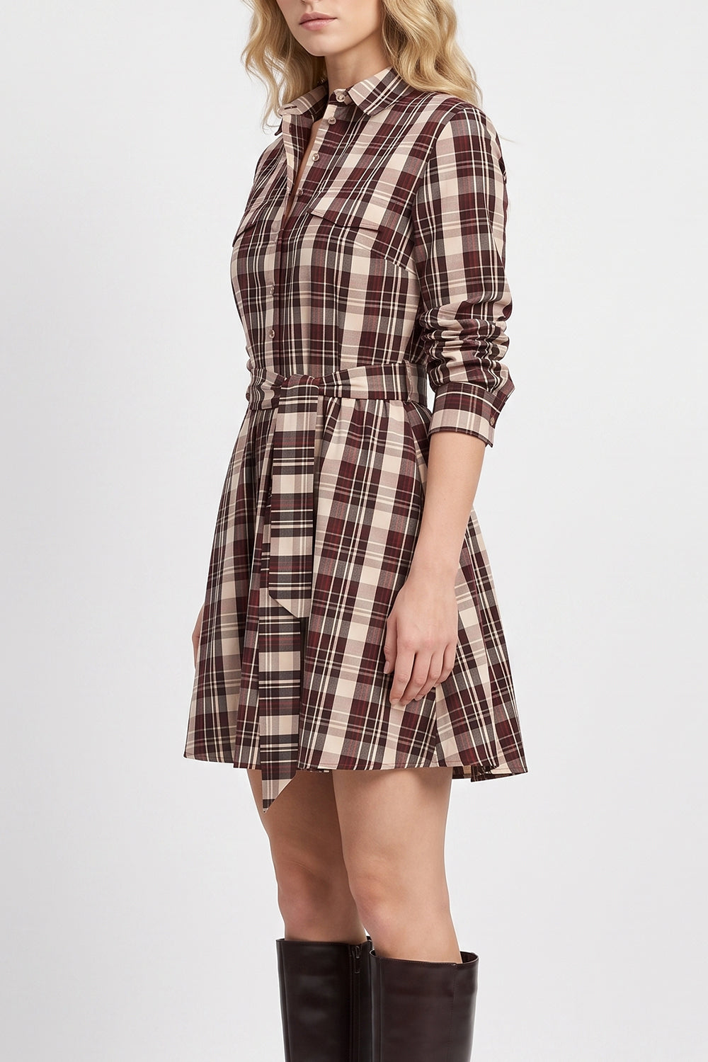 Ruched Waist Mini Dress with Belt and Zipper - MULTICOLOR