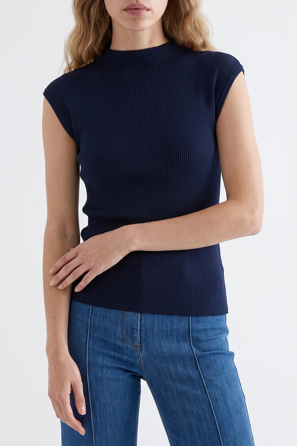 Stand Collar Sleeveless Knit Blouse - NAVY BLUE