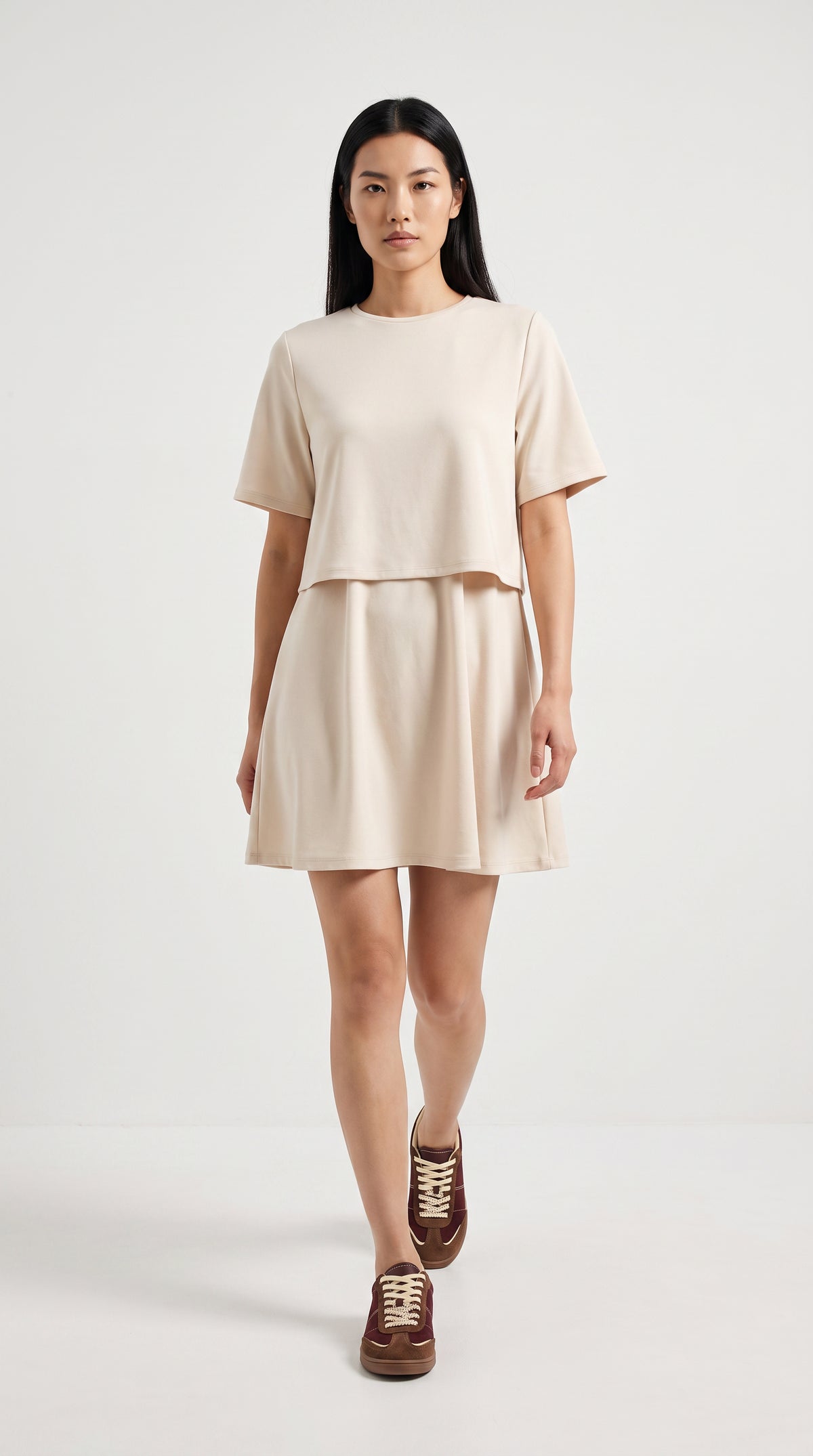 Short Sleeve Round Neck Mini Dress - BONE