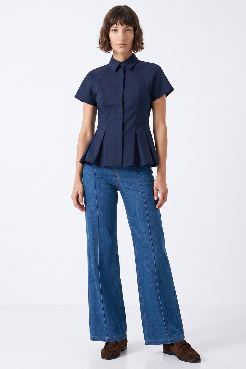 Dropped Sleeve Pleated Zigzag Stitch Shirt - NAVY