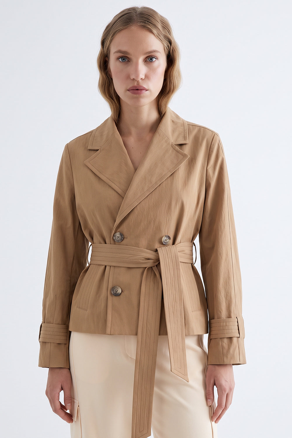 Lined Wrap Trench Coat with Belted Waist - CAMEL