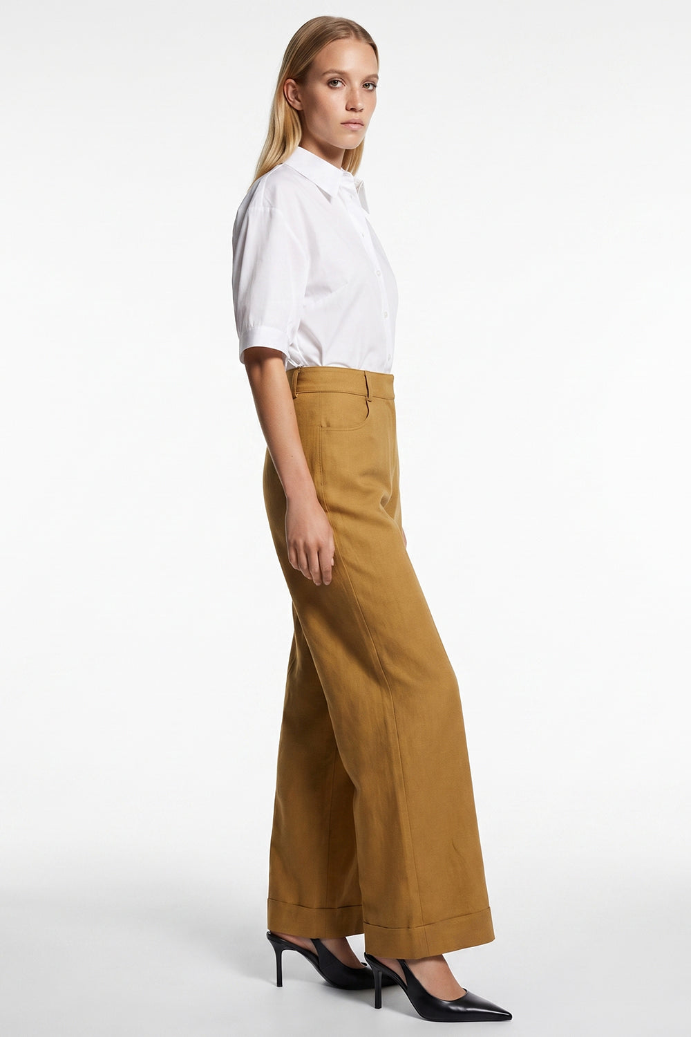 High-Waisted Wide Leg Linen Pants - CAMEL