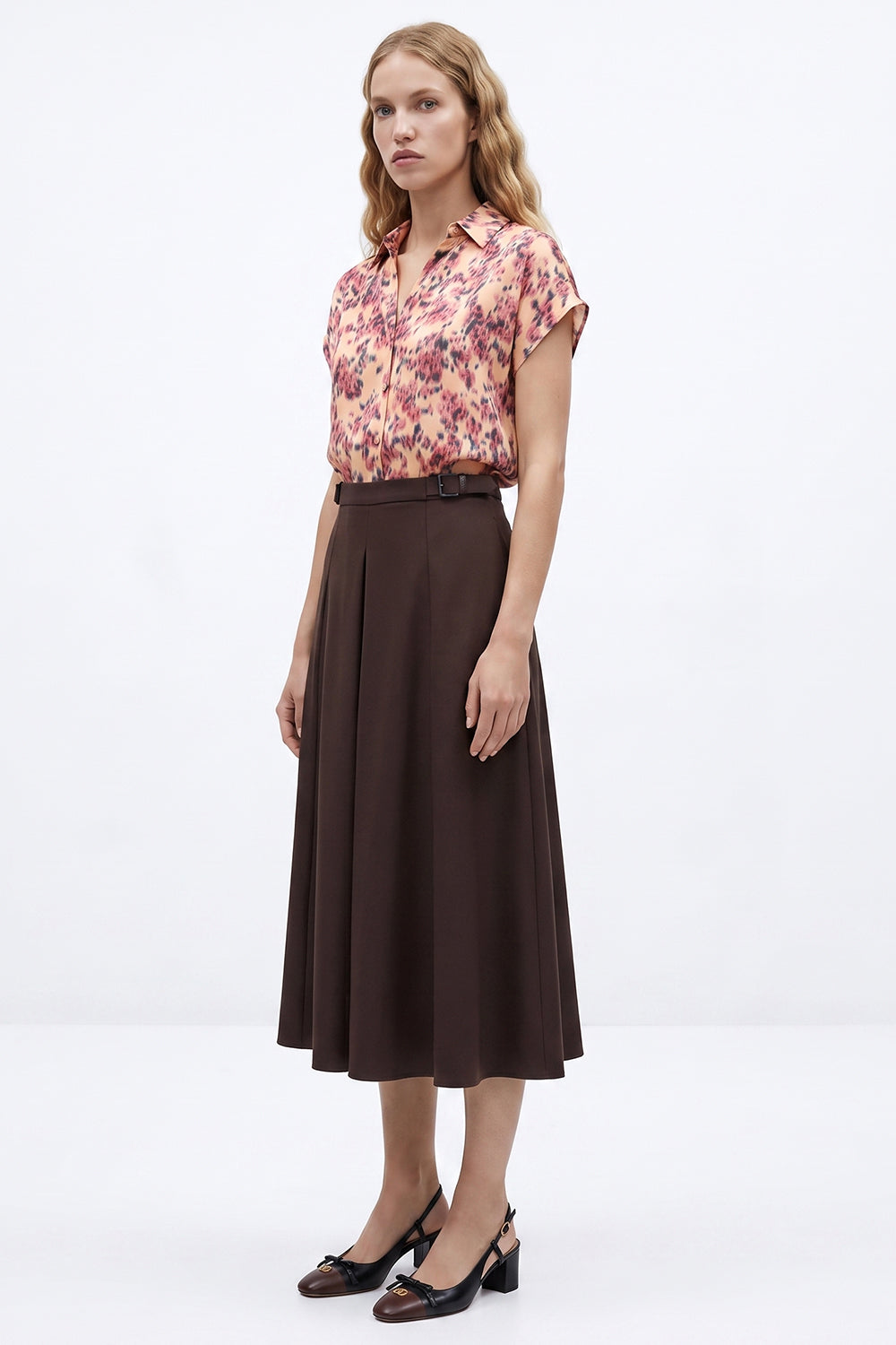 Pleated Midi Skirt with Zipper - BROWN