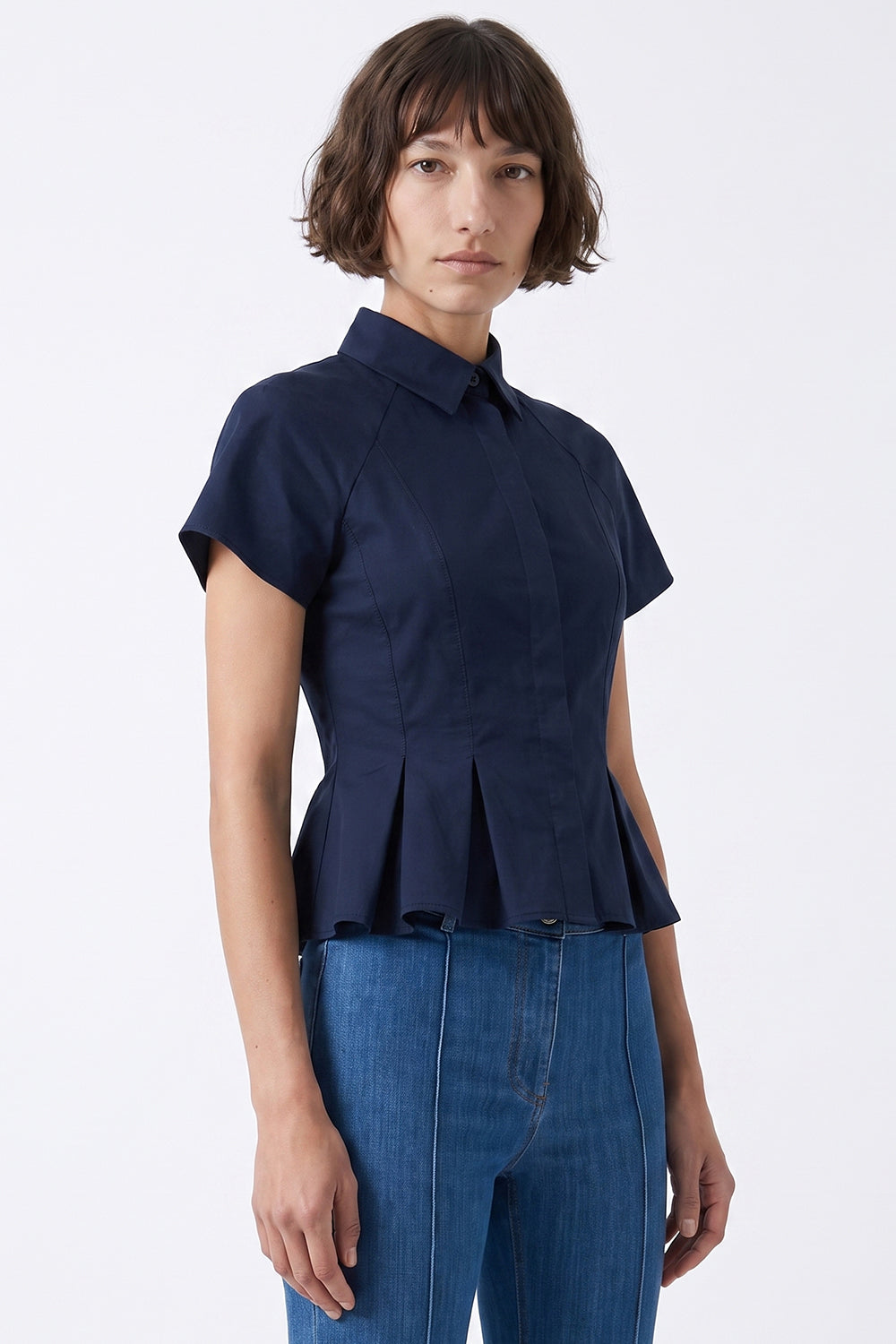Dropped Sleeve Pleated Zigzag Stitch Shirt - NAVY