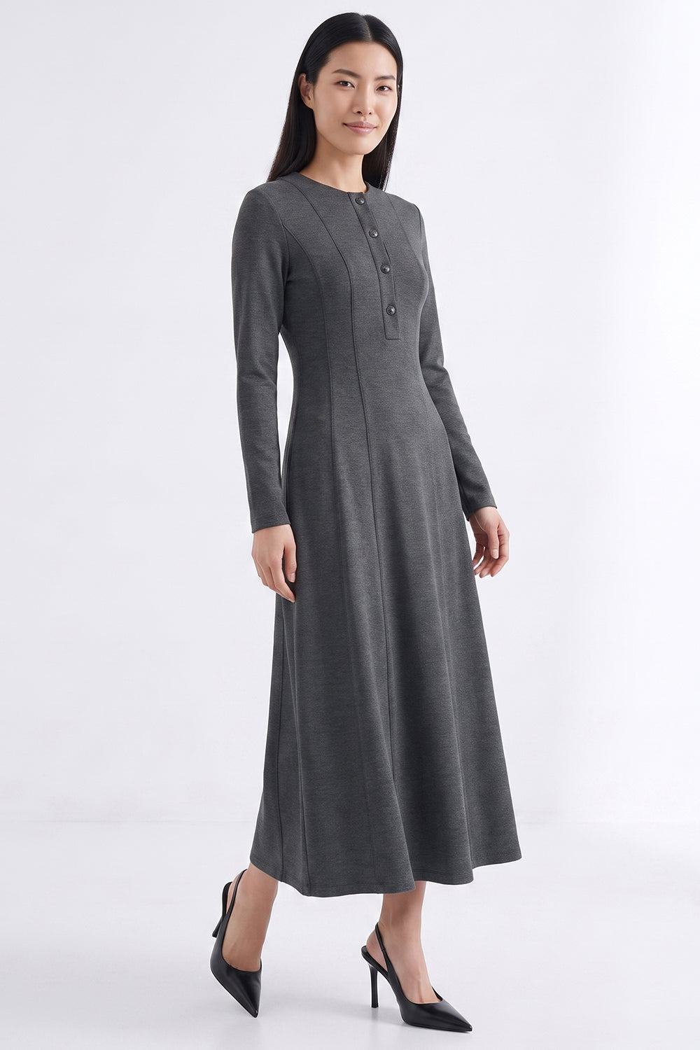 Long Sleeve Knit Dress with Zipper and Pockets - GREY MELANGE