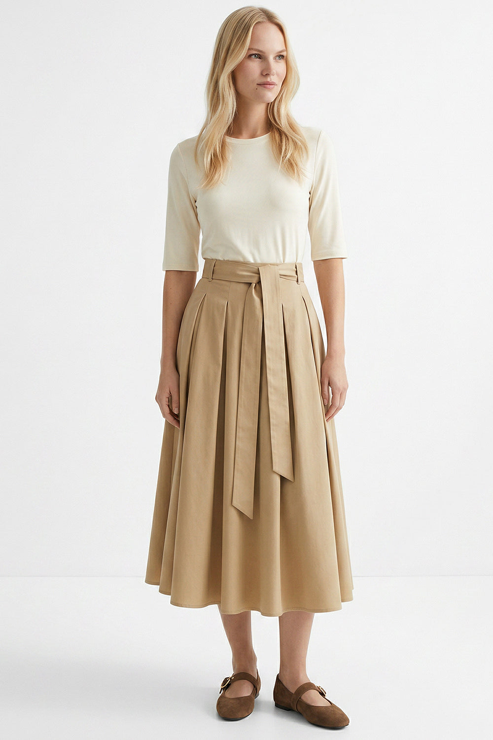 Round Neck Short Sleeve Belted Pleated Midi Dress - ECRU