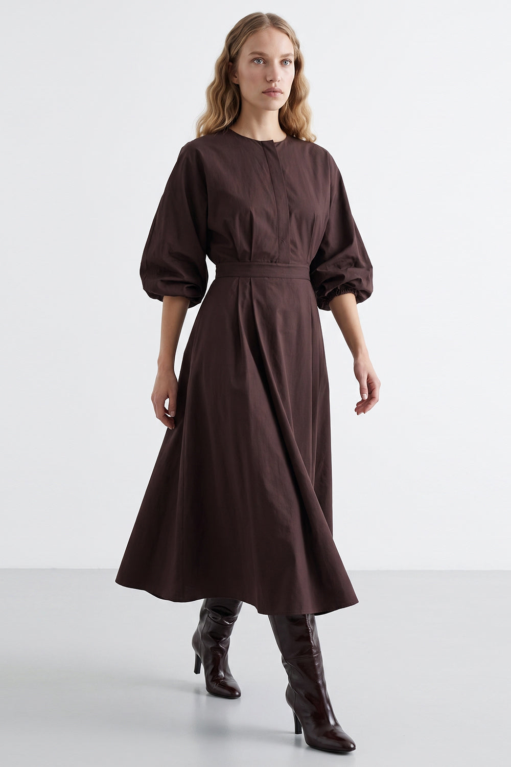 Elastic Back Balloon Sleeve Midi Dress - BROWN