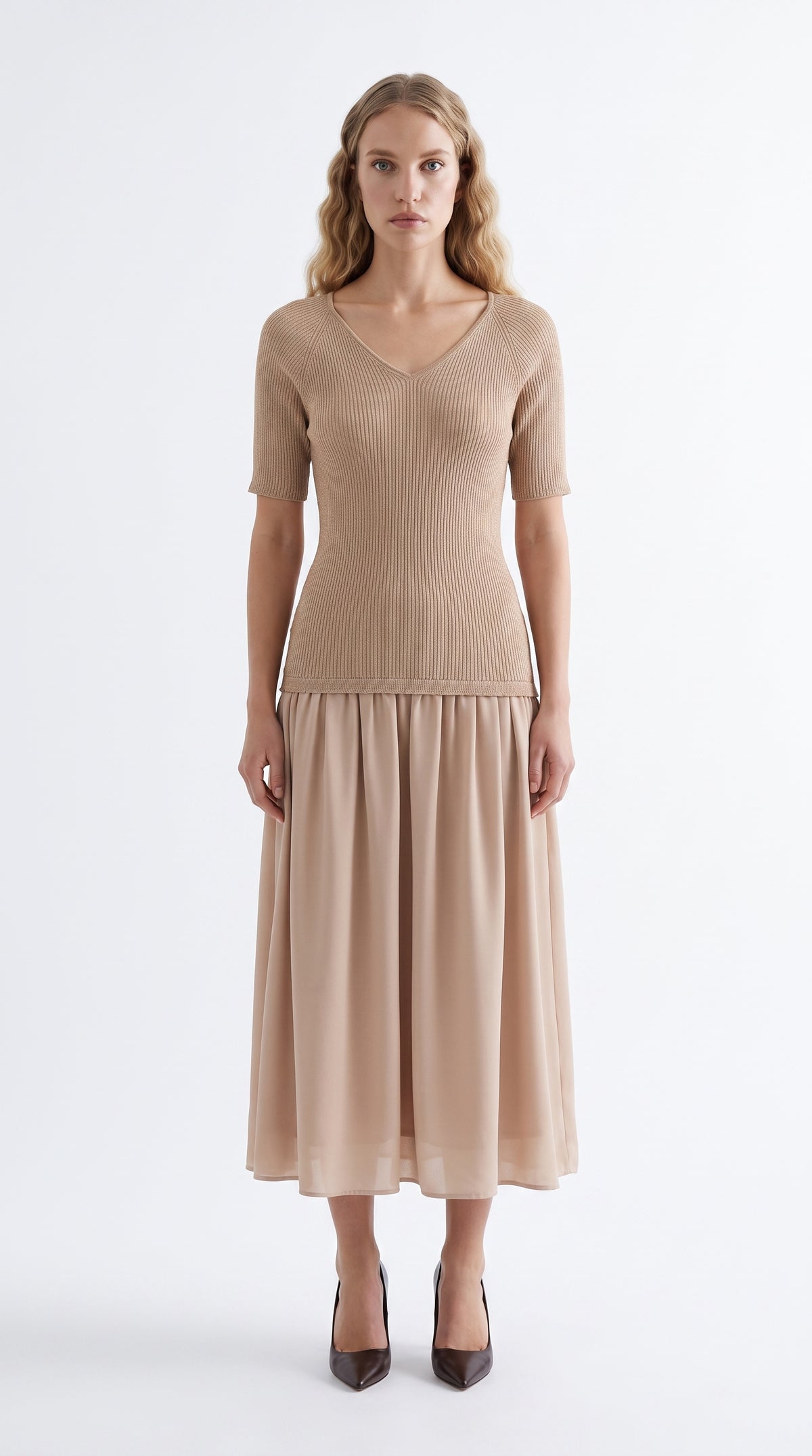 Round Neck Long Sleeve Lined Knit Maxi Dress - BEIGE