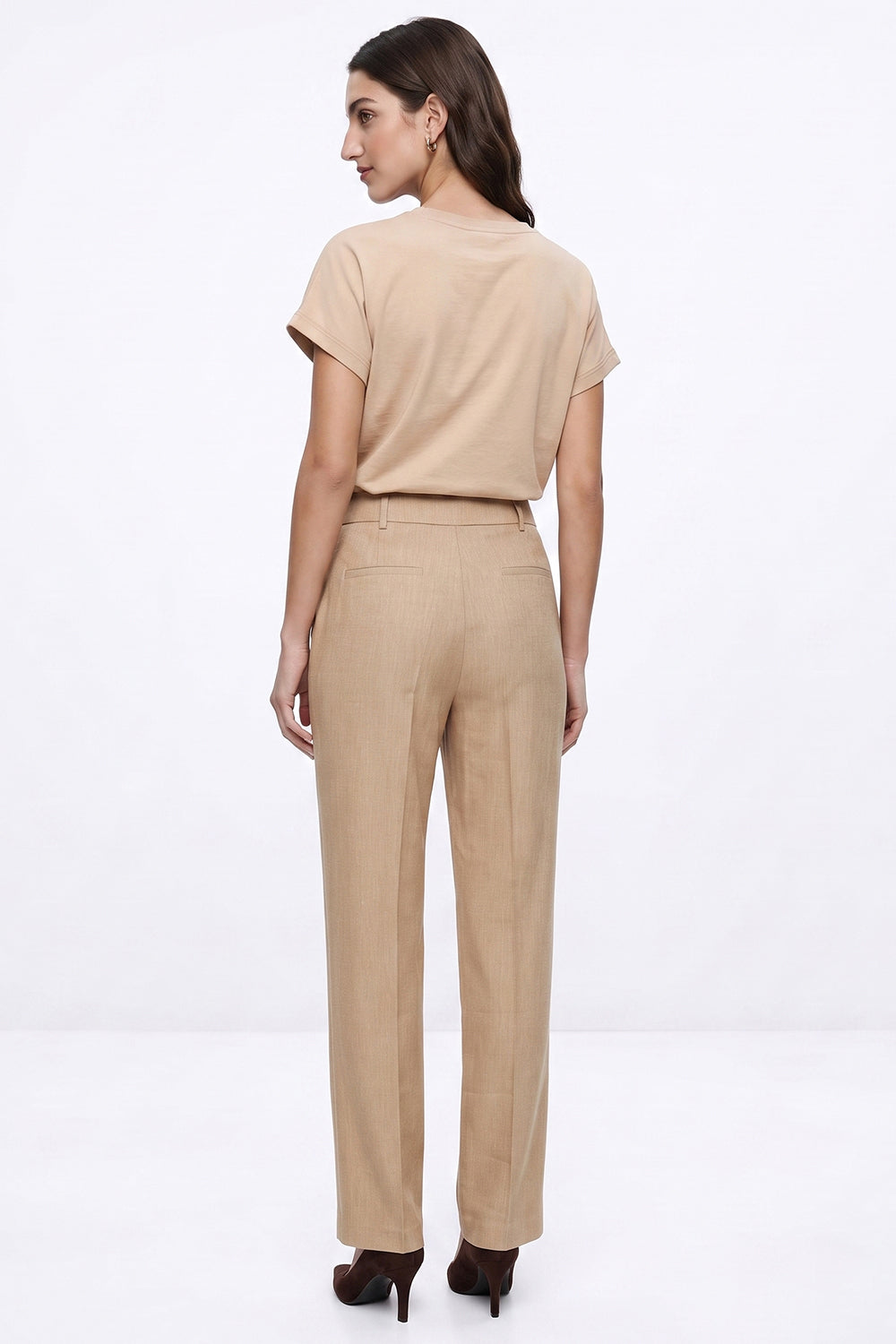 High Waisted Linen Blend Trousers - CAMEL