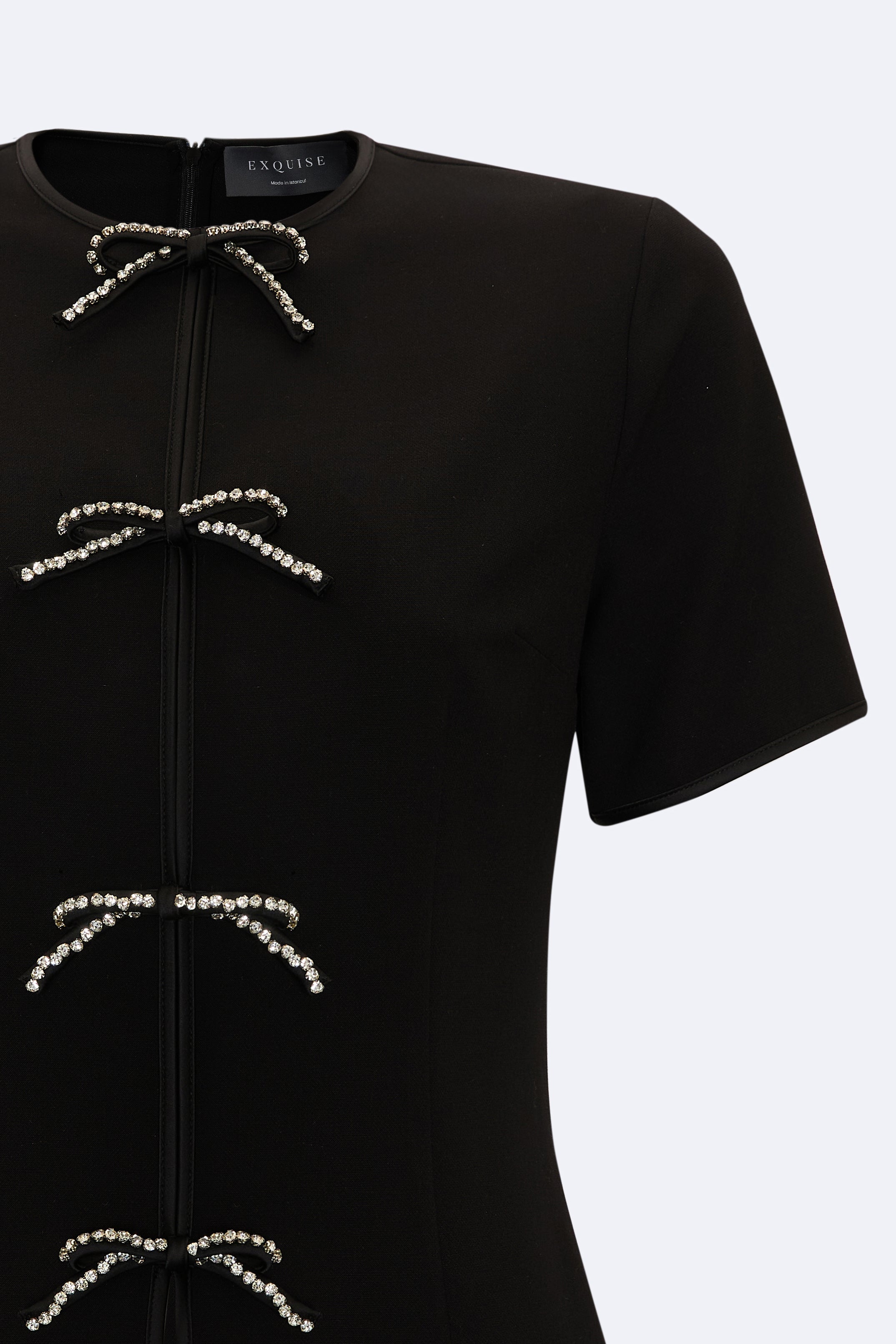 Dove Black Short Sleeve Crew Neck Blouse with Front Rope-Tie Detailing