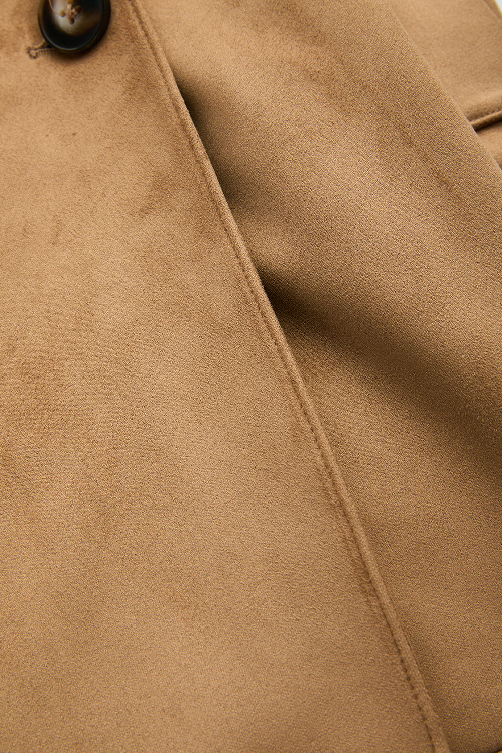 Lined Suede Trench Coat with Shoulder Pads and Belt - CAMEL