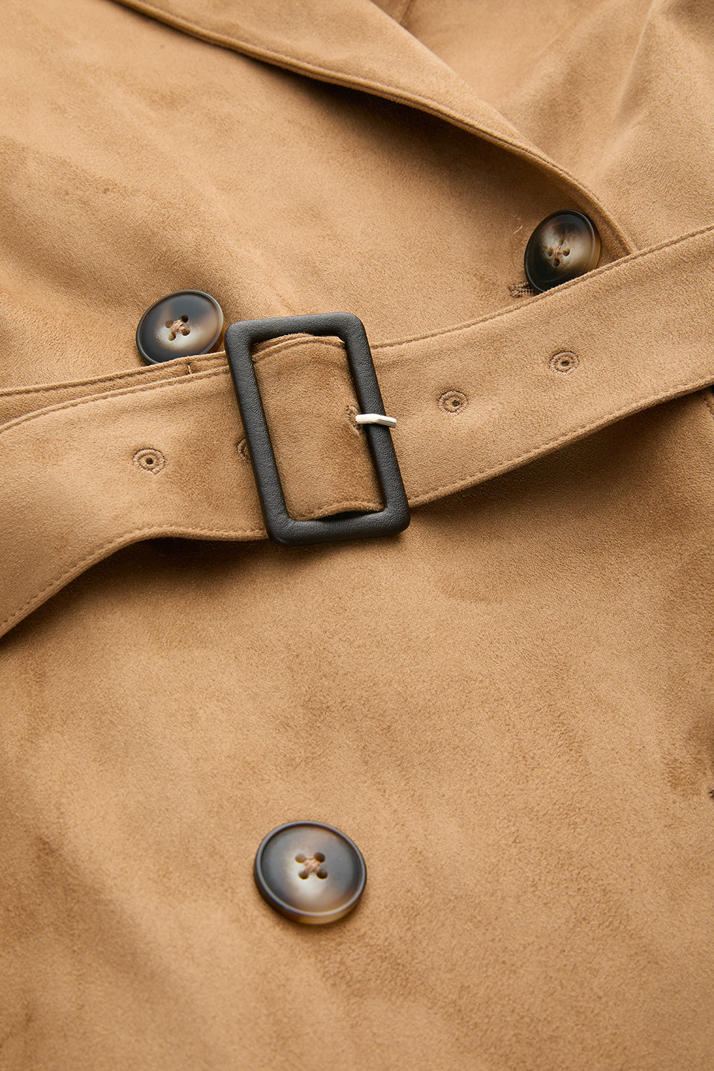 Lined Suede Trench Coat with Shoulder Pads and Belt - CAMEL