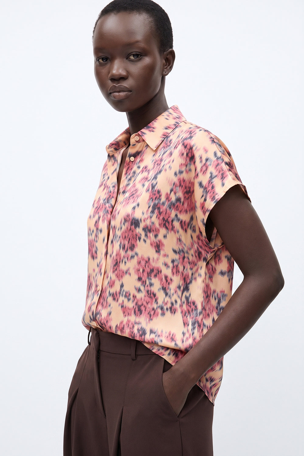 Dropped Sleeve Button-Front Satin Shirt - MULTICOLOR
