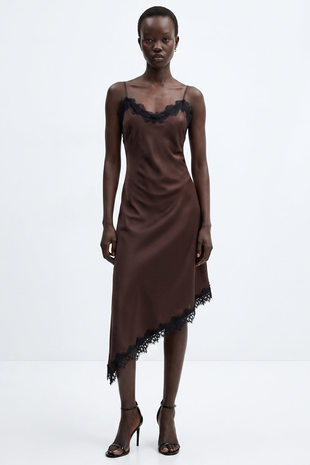 Satin Fitted Dress with Adjustable Straps - BROWN