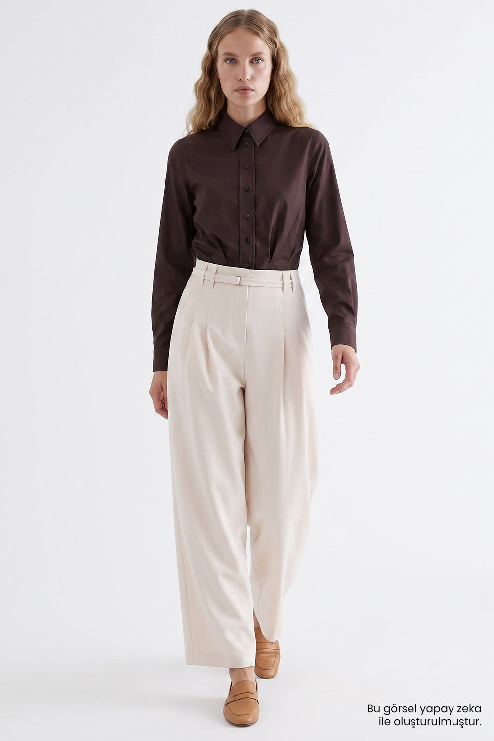 High Waisted Wide Leg Trousers with Belt - CREAM