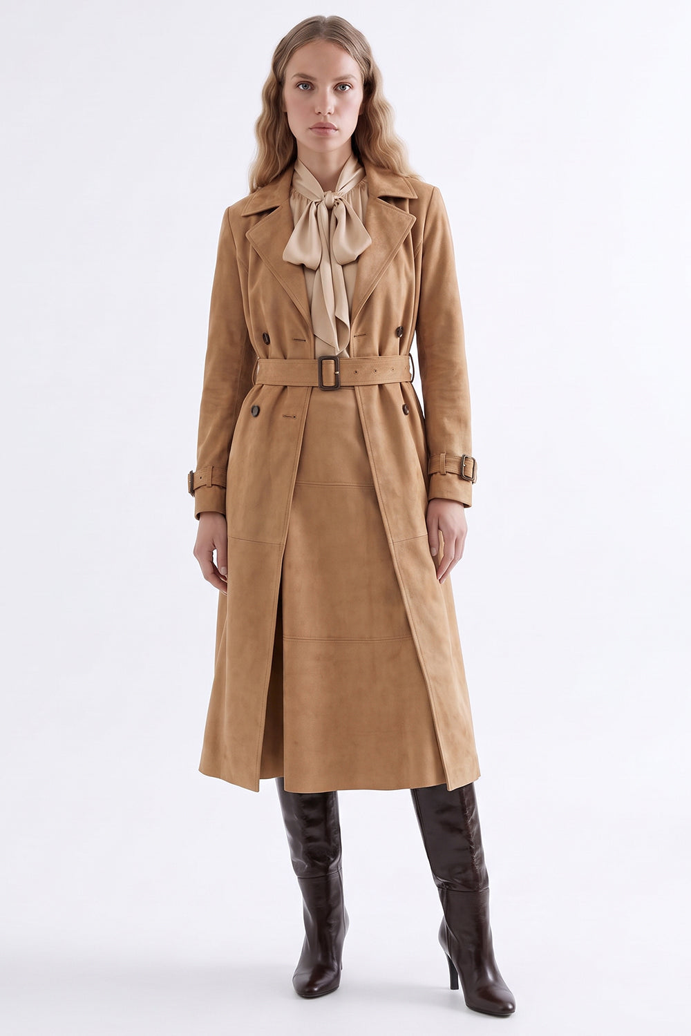 Lined Suede Trench Coat with Shoulder Pads and Belt - CAMEL