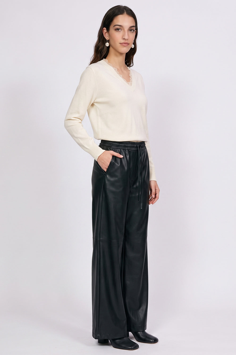 Faux Leather Wide-Leg Trousers with Elastic Waist - BLACK