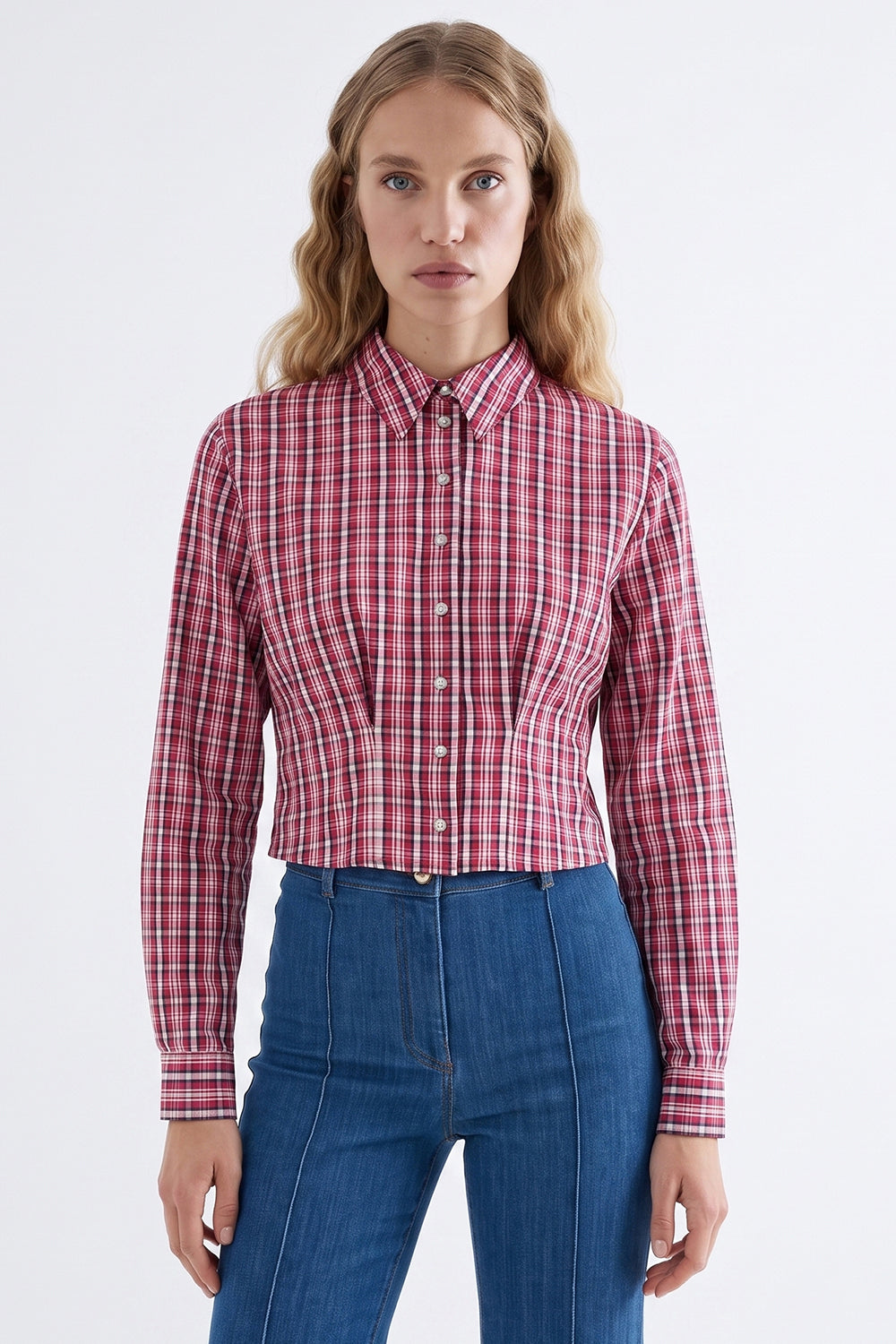 Collared Long Sleeve Shirt with Pleated Waist - MULTICOLOR