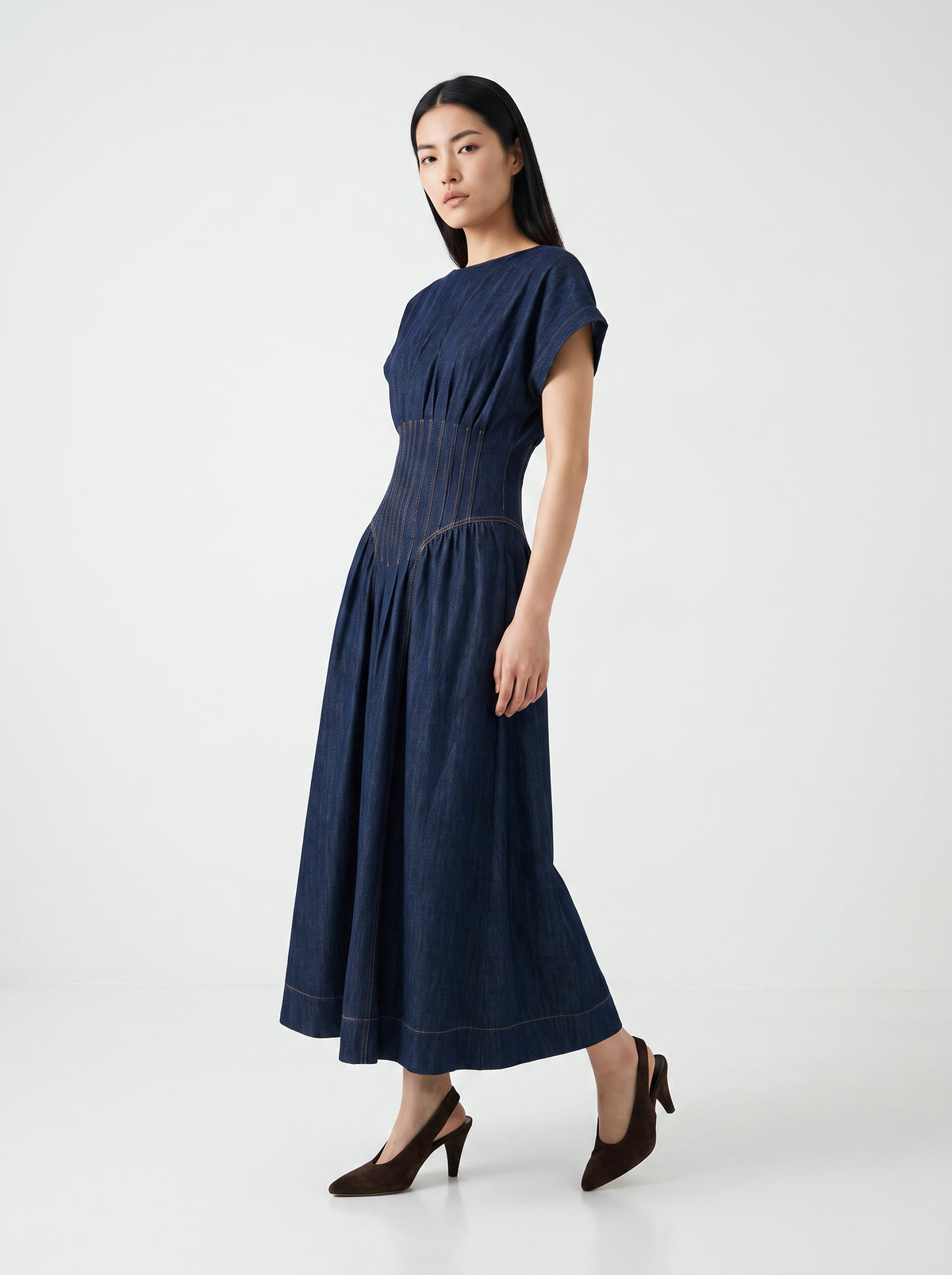 Corset Waist Dropped Sleeve Midi Dress - NAVY
