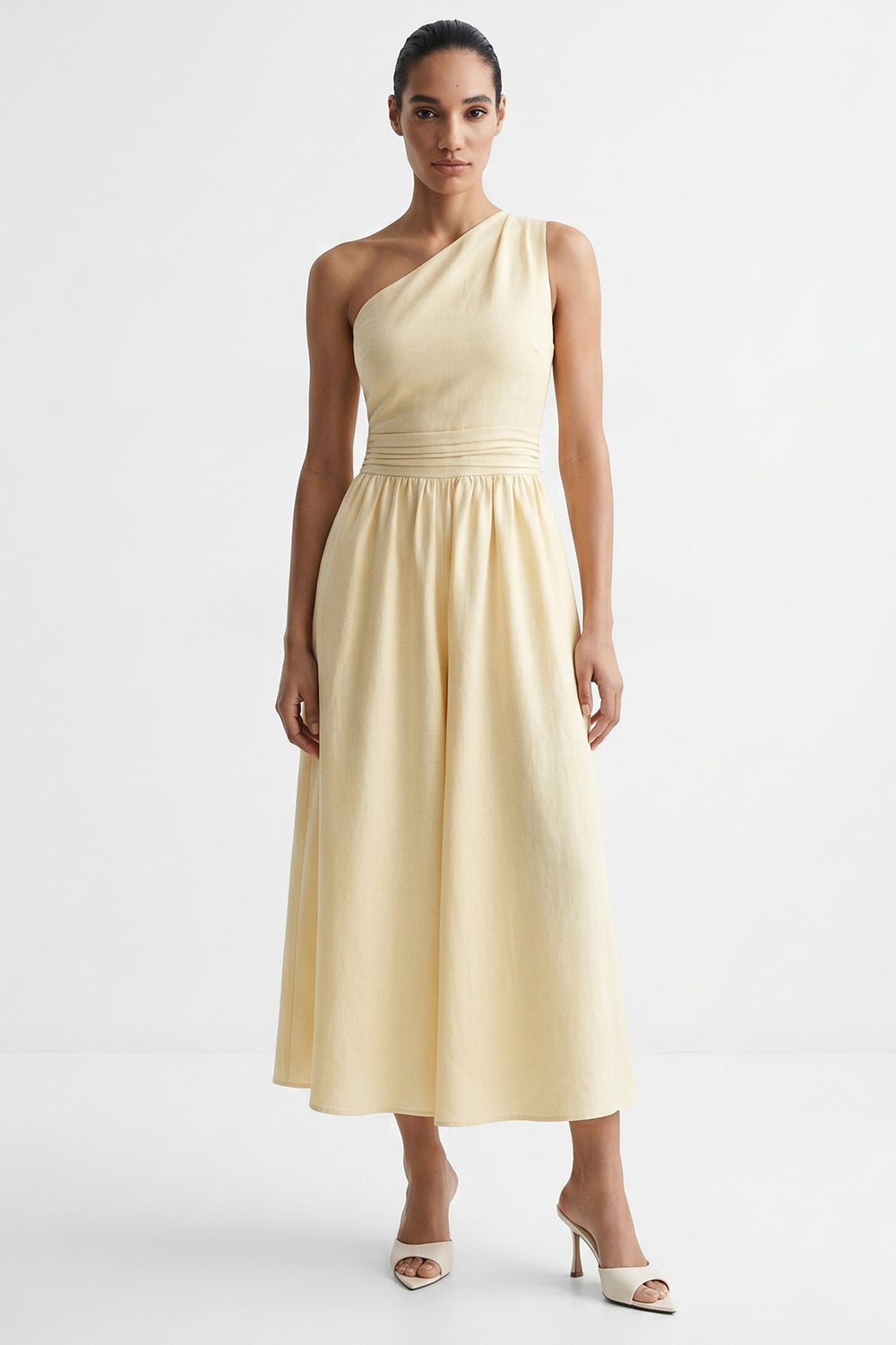 Elastic Waist Linen Blend Midi Dress - ECRU