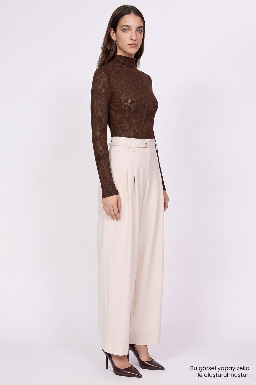 High Waisted Wide Leg Trousers with Belt - CREAM