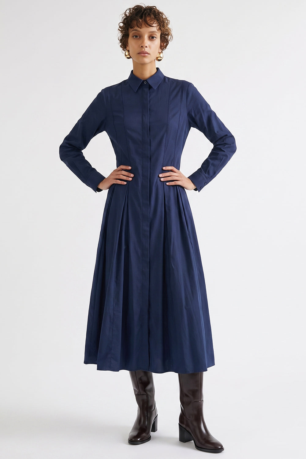 Zigzag Stitch Fitted Pleated Midi Dress - NAVY