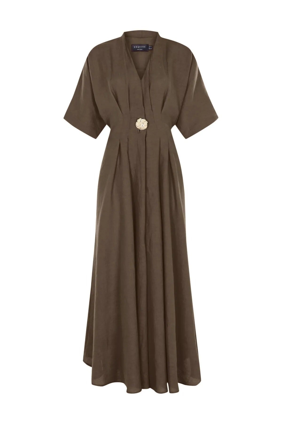 Fitted Waist A-Line Midi Linen Dress with Button Details