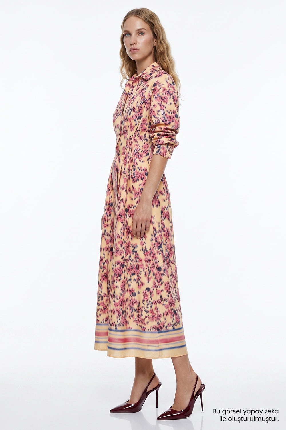 Pleated Waist Shirt Dress with Elastic Back - MULTICOLOR