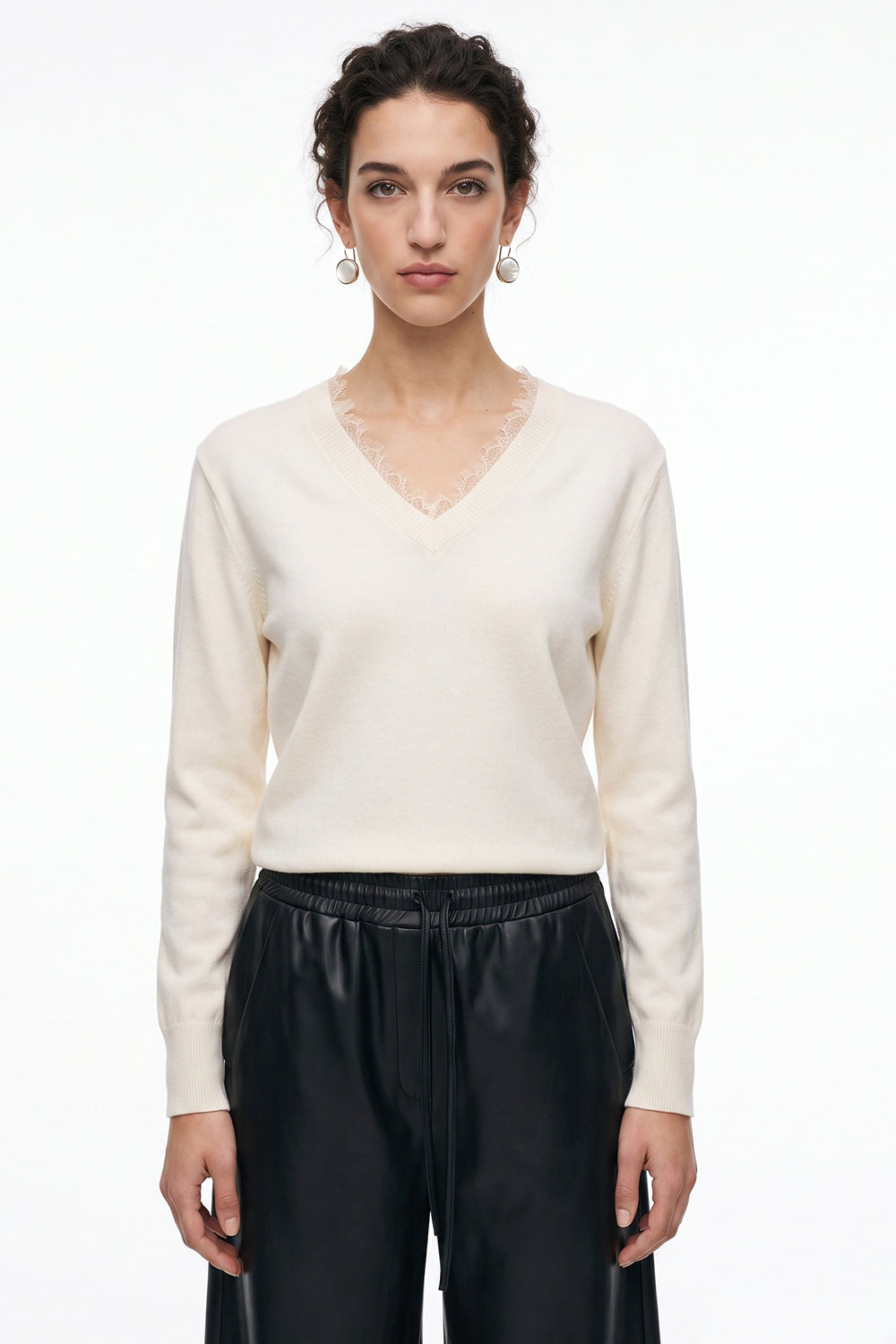 Long Sleeve V Neck Knit Blouse with Lace Trim - ECRU