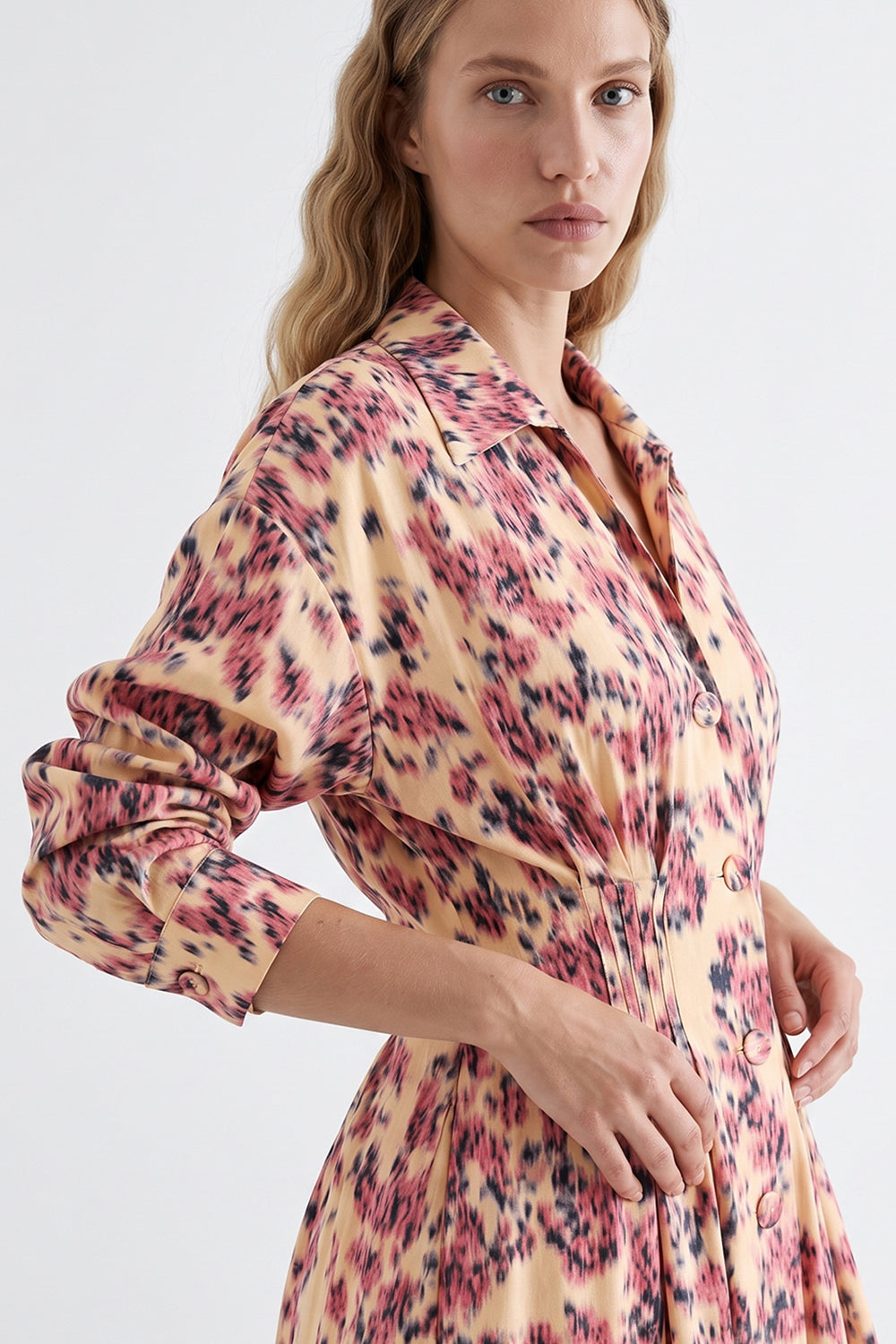 Pleated Waist Shirt Dress with Elastic Back - MULTICOLOR