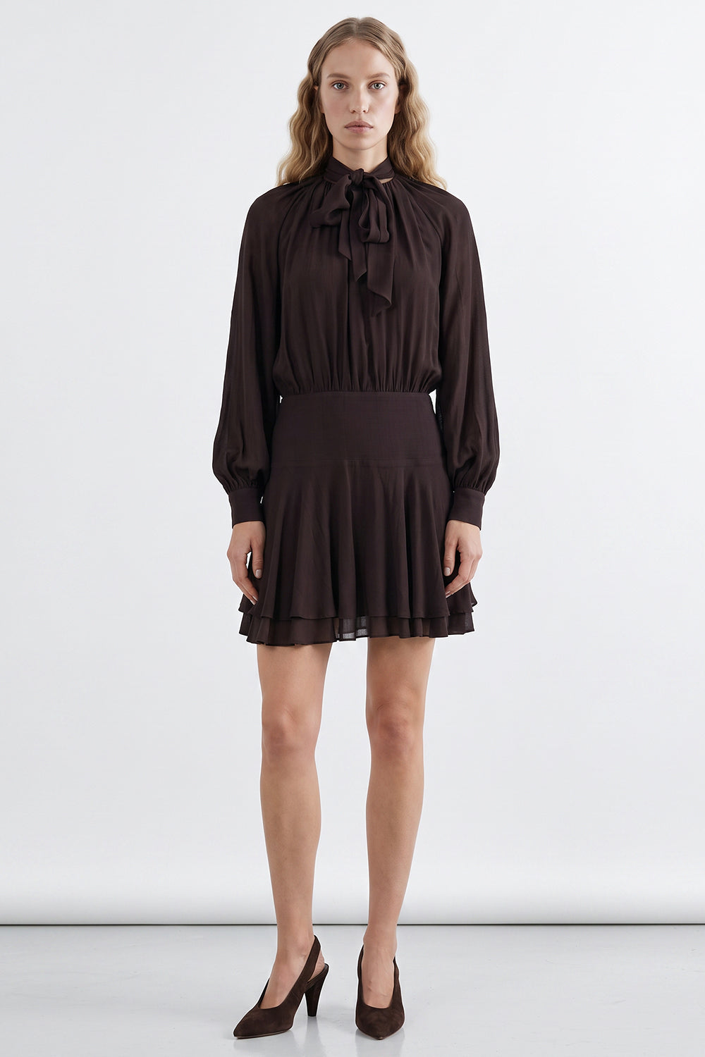 Foulard Detail Fitted Mini Dress - BROWN